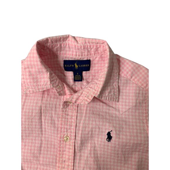 Ralph Lauren Boys Size 5 Button Up Pink Gingham Shirt Top Blue Tag and HOrseman - Picture 2 of 4
